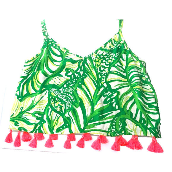 Lily Pulitzer Green Tropical Coastal Boho Leaf Print Tassel Ramona Crop Top 00 - Picture 1 of 11